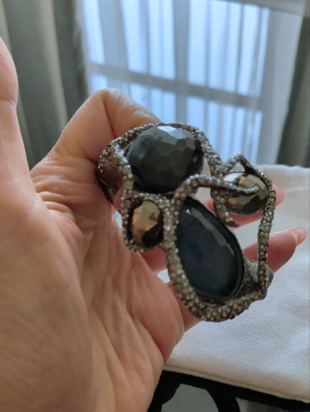 tba Silver-Tone Cuff Bracelet with Smoky Black and Gray Faceted Stones